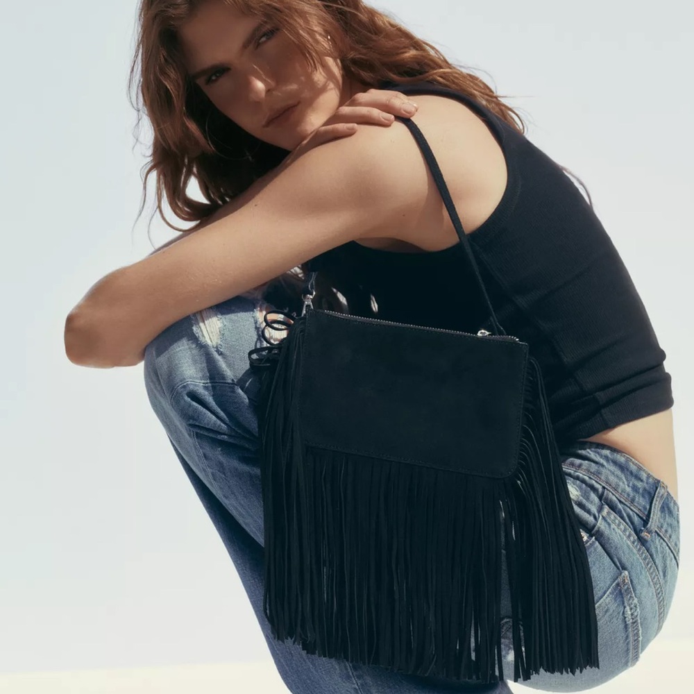 ZARA FRINGED SPLIT LEATHER MINI CROSSBODY BAG🖤